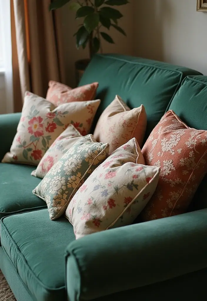 27 Pillows for a Green Couch That Balance Bold and Neutral Tones 7 27 Pillows for a Green Couch That Balance Bold and Neutral Tones - 7. Vintage-Inspired Accents