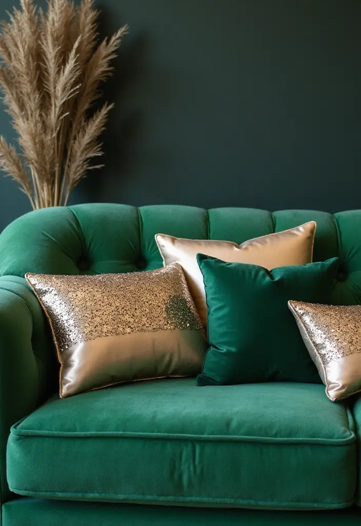 27 Pillows for a Green Couch That Balance Bold and Neutral Tones 8 27 Pillows for a Green Couch That Balance Bold and Neutral Tones - 8. Metallic Accents for Glam