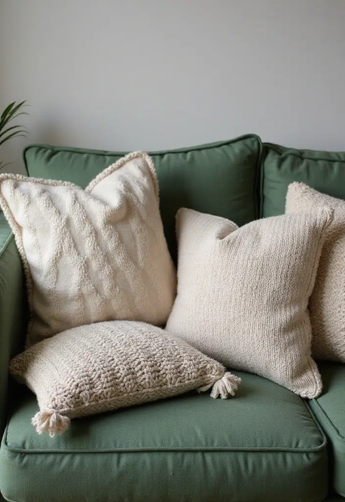 27 Pillows for a Green Couch That Balance Bold and Neutral Tones 9 27 Pillows for a Green Couch That Balance Bold and Neutral Tones - 9. Textured Knits for Added Depth