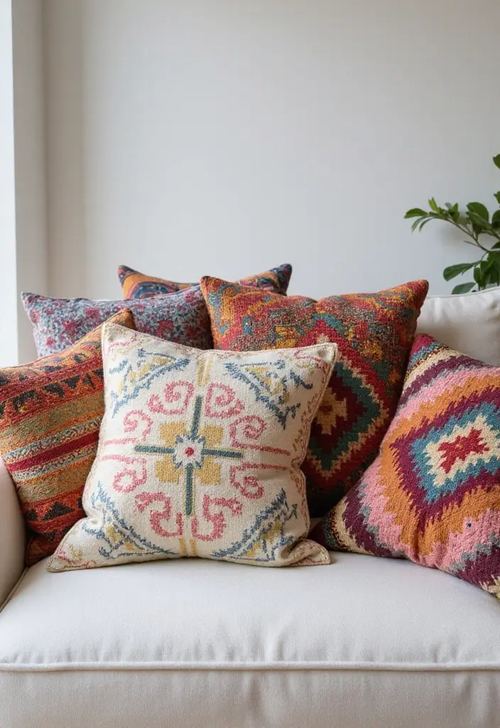 27 Pillows for a White Couch That Bring Warmth and Style 10 27 Pillows for a White Couch That Bring Warmth and Style - 10. Bohemian Flair