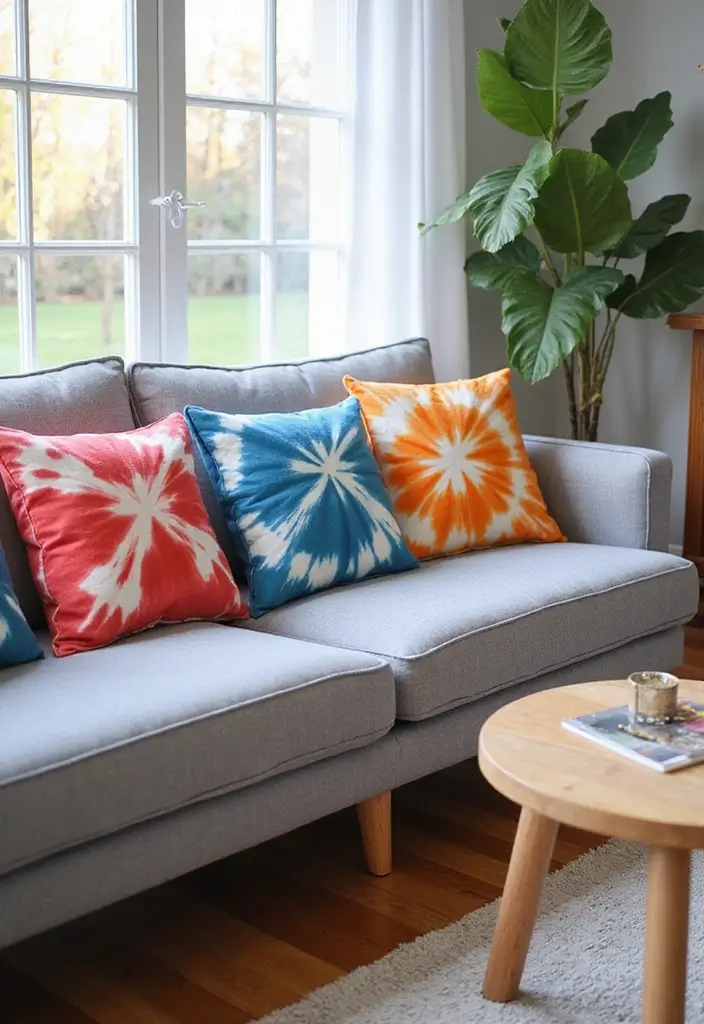 27 Pillows on Gray Couches That Always Look Stylish 13 27 Pillows on Gray Couches That Always Look Stylish - 13. Artistic Tie-Dye