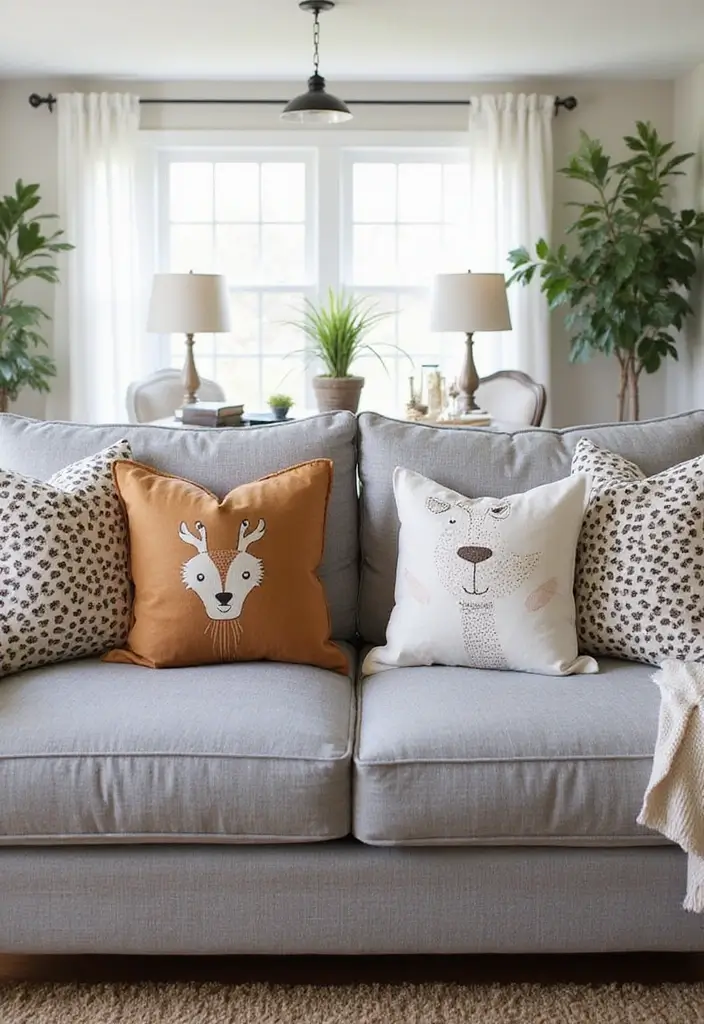 27 Pillows on Gray Couches That Always Look Stylish 14 27 Pillows on Gray Couches That Always Look Stylish - 14. Whimsical Animal Prints