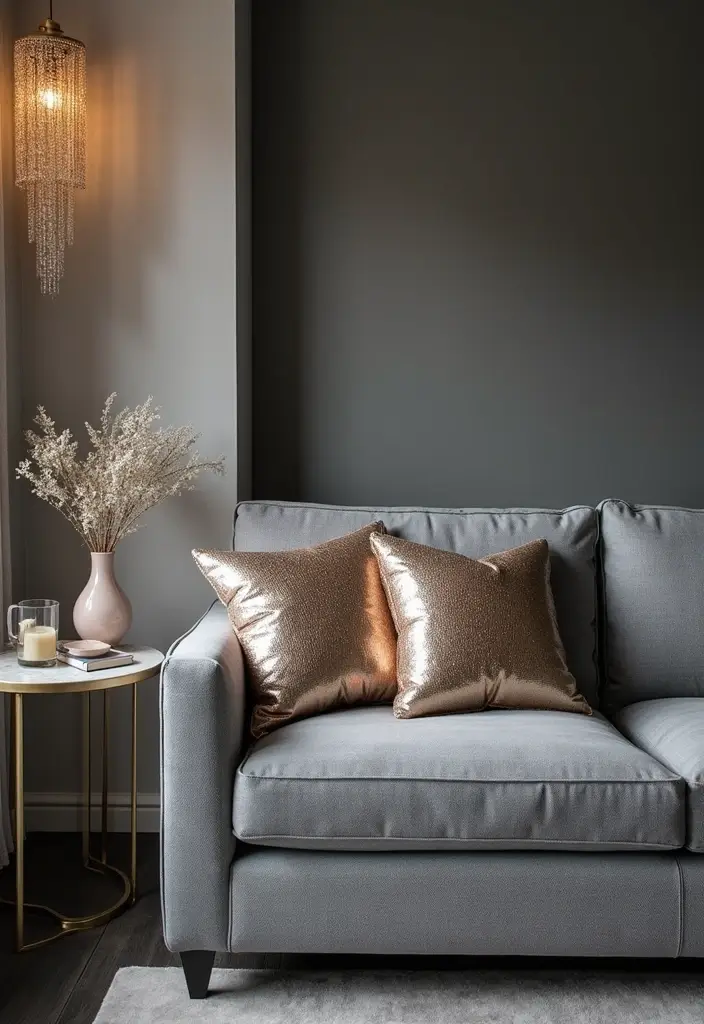 27 Pillows on Gray Couches That Always Look Stylish 15 27 Pillows on Gray Couches That Always Look Stylish - 15. Shimmering Metallics