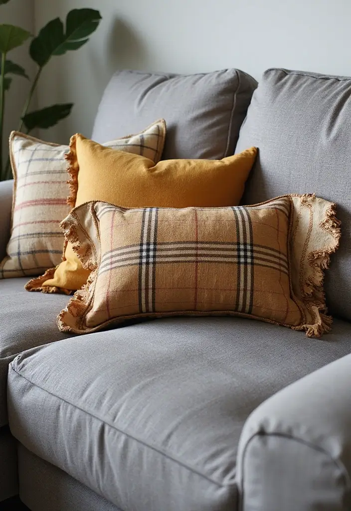 27 Pillows on Gray Couches That Always Look Stylish 16 27 Pillows on Gray Couches That Always Look Stylish - 16. Classic Plaid