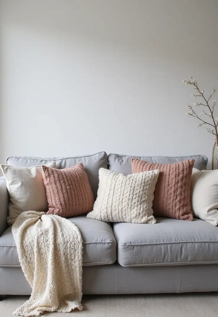 27 Pillows on Gray Couches That Always Look Stylish 2 27 Pillows on Gray Couches That Always Look Stylish - 2. Textured Knitted Pillows