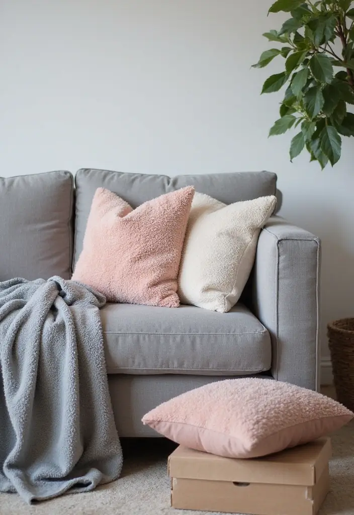 27 Pillows on Gray Couches That Always Look Stylish 20 27 Pillows on Gray Couches That Always Look Stylish - 20. Cozy Fleece Options