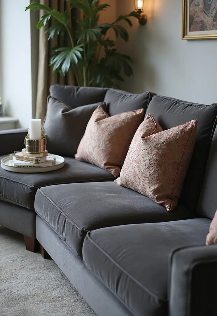 27 Pillows on Gray Couches That Always Look Stylish 22 27 Pillows on Gray Couches That Always Look Stylish - 22. Elegant Brocade Designs