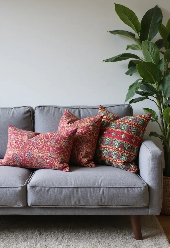 27 Pillows on Gray Couches That Always Look Stylish 25 27 Pillows on Gray Couches That Always Look Stylish - 25. Cultural Textiles