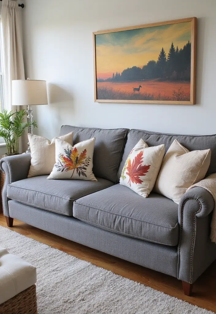 27 Pillows on Gray Couches That Always Look Stylish 26 27 Pillows on Gray Couches That Always Look Stylish - 26. Seasonal Themes