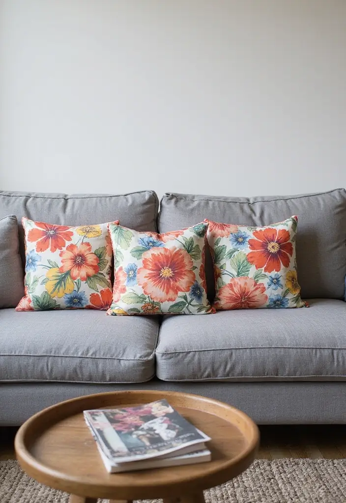 27 Pillows on Gray Couches That Always Look Stylish 3 27 Pillows on Gray Couches That Always Look Stylish - 3. Floral Prints for a Fresh Touch