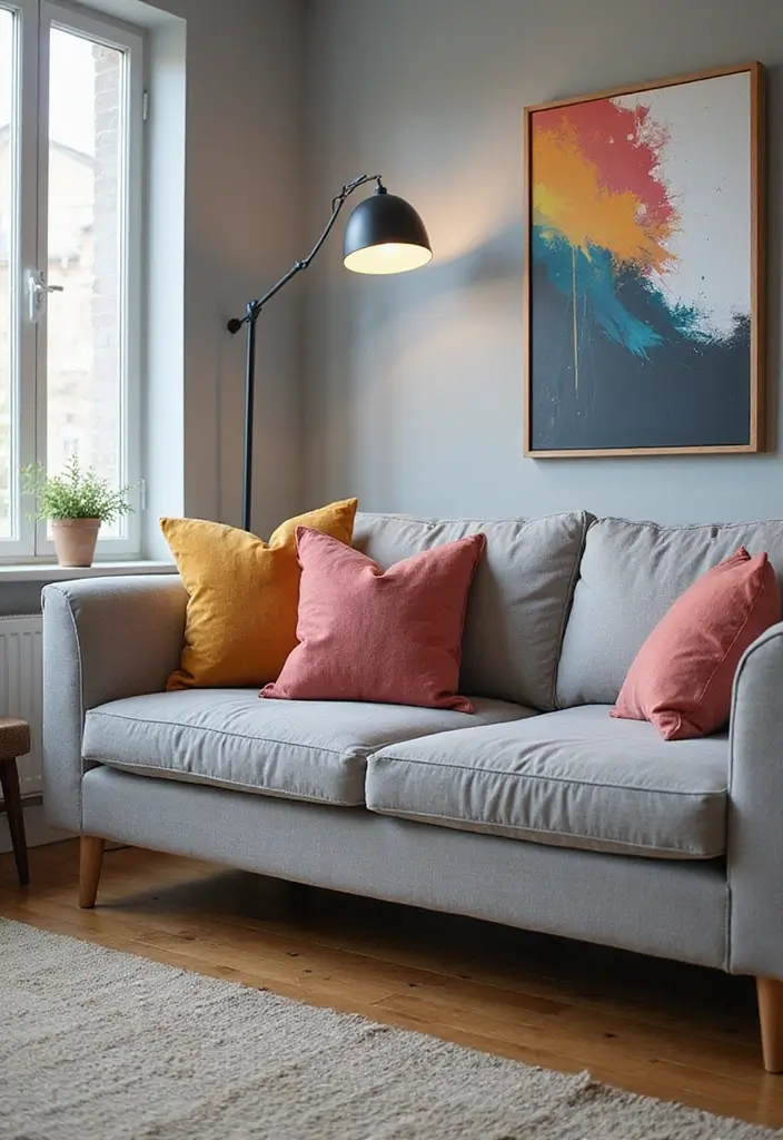 27 Pillows on Gray Couches That Always Look Stylish 7 27 Pillows on Gray Couches That Always Look Stylish - 7. Artsy Abstract Designs
