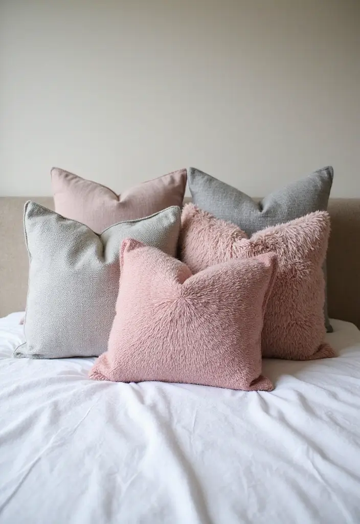27 Pink Gray and White Bedroom Ideas with Decorative Pillows 1 27 Pink Gray and White Bedroom Ideas with Decorative Pillows - 1. Bohemian Bliss with Layered Textures