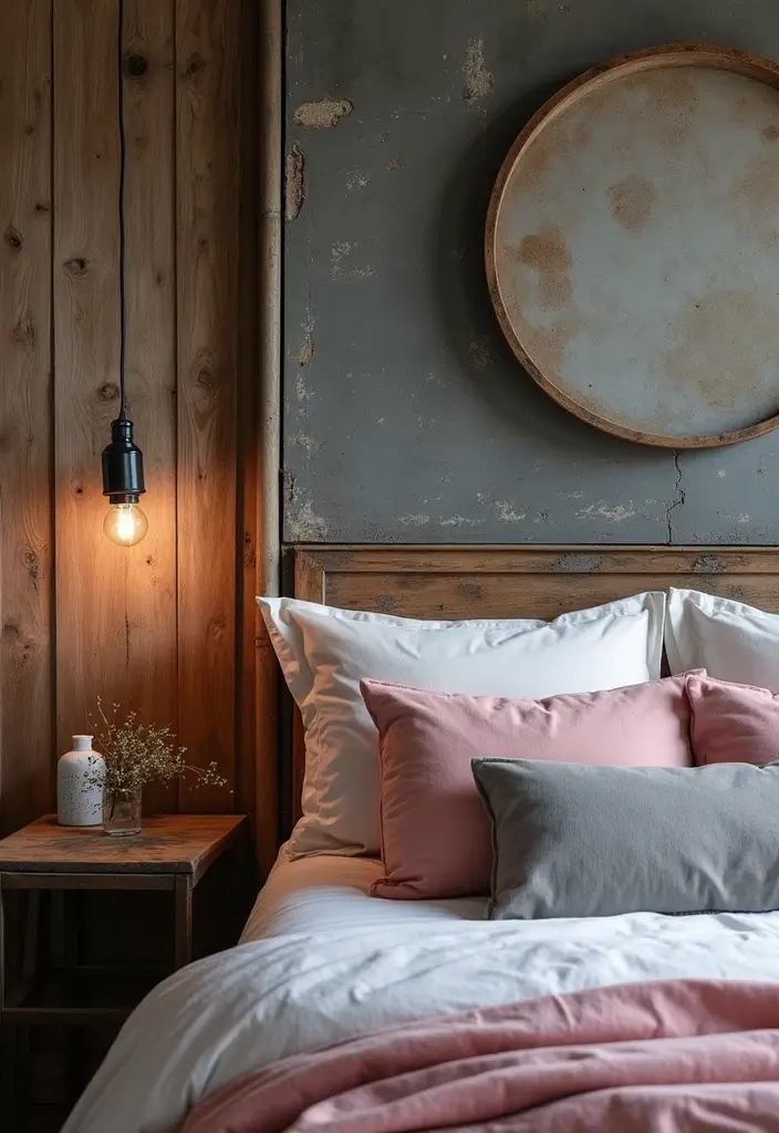 27 Pink Gray and White Bedroom Ideas with Decorative Pillows 10 27 Pink Gray and White Bedroom Ideas with Decorative Pillows - 10. Industrial Edge with Raw Textures