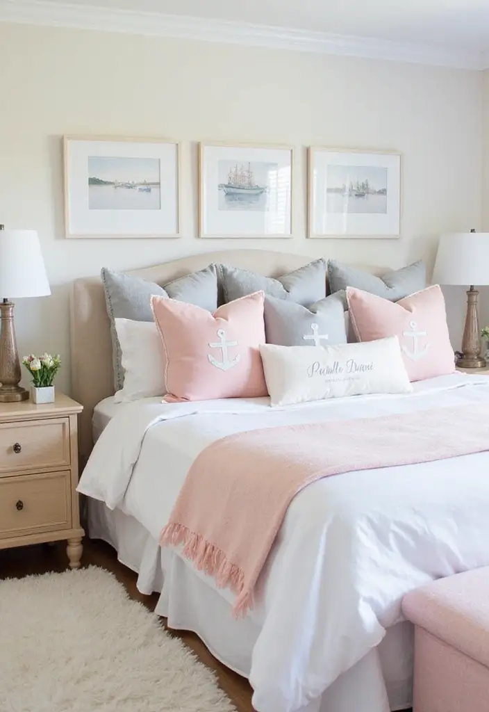 27 Pink Gray and White Bedroom Ideas with Decorative Pillows 11 27 Pink Gray and White Bedroom Ideas with Decorative Pillows - 11. Nautical Inspiration with Coastal Elements