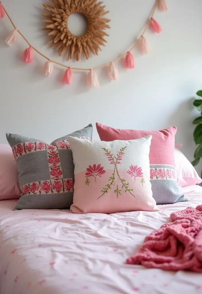 27 Pink Gray and White Bedroom Ideas with Decorative Pillows 12 27 Pink Gray and White Bedroom Ideas with Decorative Pillows - 12. Artistic Flair with DIY Pillow Covers