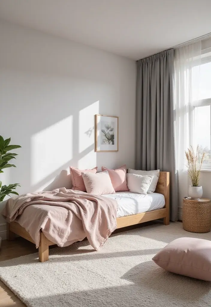 27 Pink Gray and White Bedroom Ideas with Decorative Pillows 13 27 Pink Gray and White Bedroom Ideas with Decorative Pillows - 13. Zen Retreat with Minimal Decor