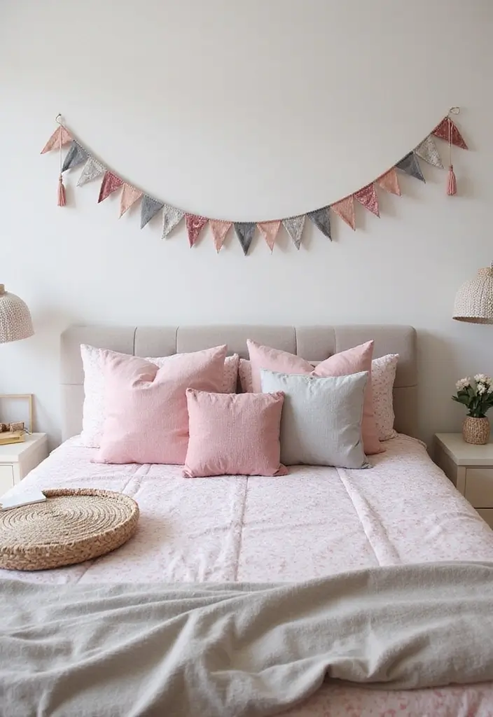 27 Pink Gray and White Bedroom Ideas with Decorative Pillows 14 27 Pink Gray and White Bedroom Ideas with Decorative Pillows - 14. Playful Touches with Fun Accents