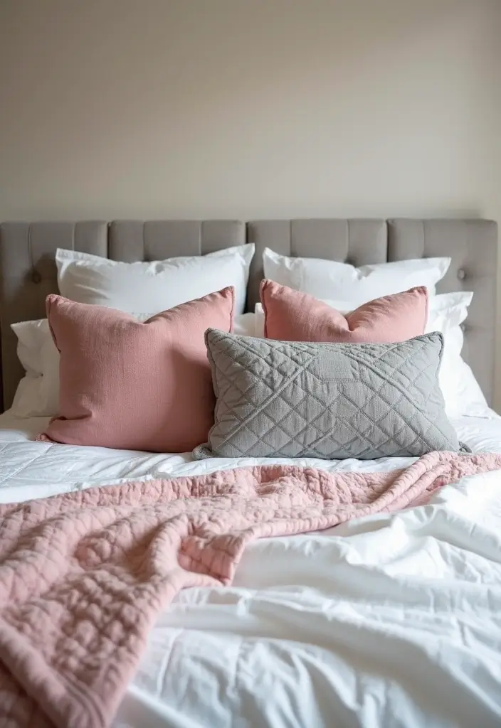 27 Pink Gray and White Bedroom Ideas with Decorative Pillows 15 27 Pink Gray and White Bedroom Ideas with Decorative Pillows - 15. Textured Warmth with Quilted Pillows