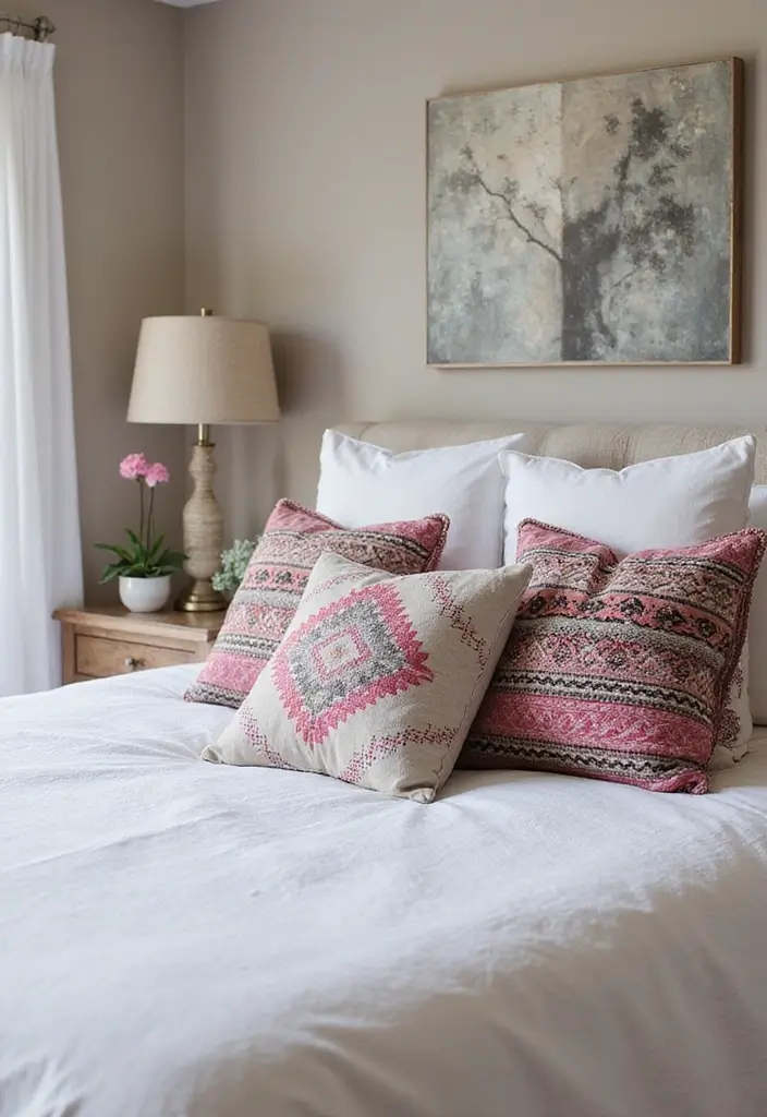 27 Pink Gray and White Bedroom Ideas with Decorative Pillows 16 27 Pink Gray and White Bedroom Ideas with Decorative Pillows - 16. Cultural Elements with Ethnic Patterns