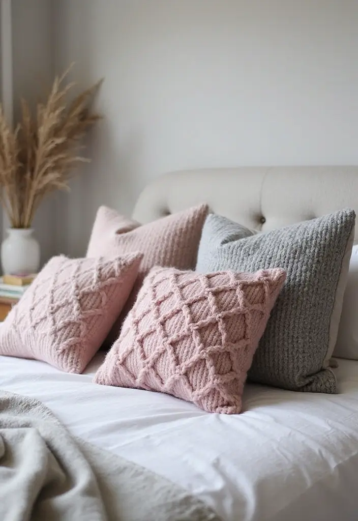 27 Pink Gray and White Bedroom Ideas with Decorative Pillows 17 27 Pink Gray and White Bedroom Ideas with Decorative Pillows - 17. Comforting Layers with Chunky Knits