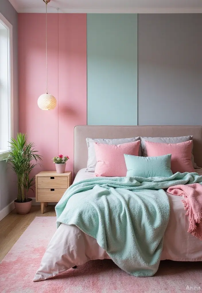 27 Pink Gray and White Bedroom Ideas with Decorative Pillows 18 27 Pink Gray and White Bedroom Ideas with Decorative Pillows - 18. Harmony with Triadic Color Blends