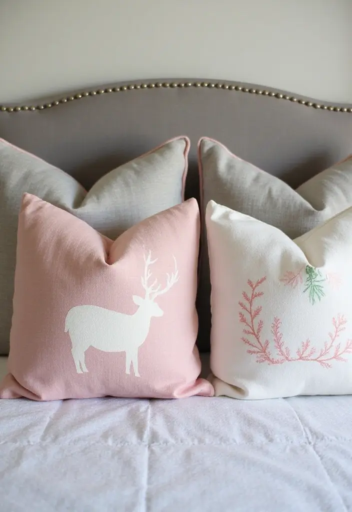 27 Pink Gray and White Bedroom Ideas with Decorative Pillows 19 27 Pink Gray and White Bedroom Ideas with Decorative Pillows - 19. Seasonal Themes with Festive Pillows
