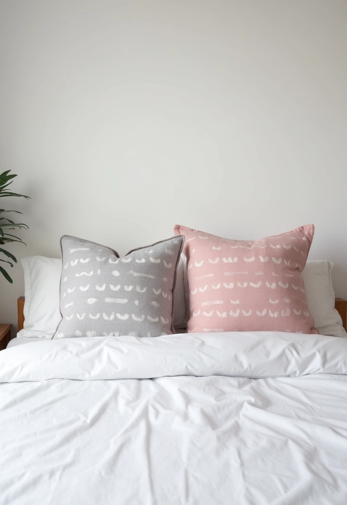 27 Pink Gray and White Bedroom Ideas with Decorative Pillows 2 27 Pink Gray and White Bedroom Ideas with Decorative Pillows - 2. Minimalist Elegance with Simple Patterns