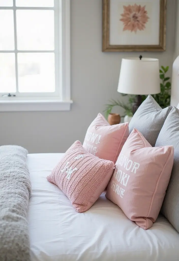 27 Pink Gray and White Bedroom Ideas with Decorative Pillows 20 27 Pink Gray and White Bedroom Ideas with Decorative Pillows - 20. Personalized Spaces with Customized Pillows