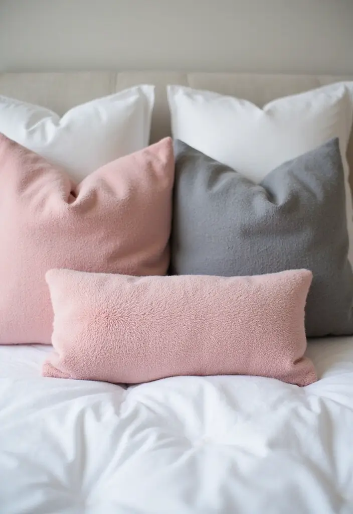 27 Pink Gray and White Bedroom Ideas with Decorative Pillows 21 27 Pink Gray and White Bedroom Ideas with Decorative Pillows - 21. Comfort and Warmth with Fleece Fabrics