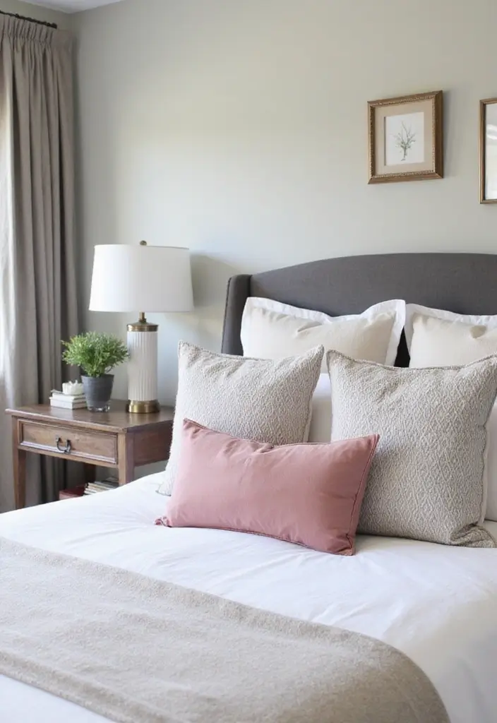 27 Pink Gray and White Bedroom Ideas with Decorative Pillows 22 27 Pink Gray and White Bedroom Ideas with Decorative Pillows - 22. Transitional Style with Classic Elements