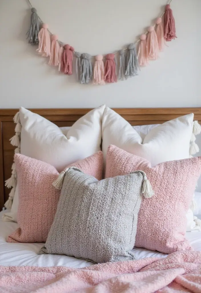 27 Pink Gray and White Bedroom Ideas with Decorative Pillows 23 27 Pink Gray and White Bedroom Ideas with Decorative Pillows - 23. Boho Chic with Fringe and Tassels