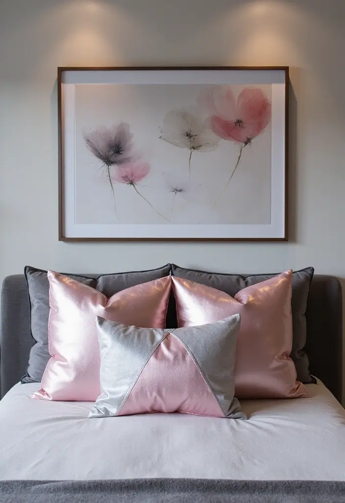 27 Pink Gray and White Bedroom Ideas with Decorative Pillows 24 27 Pink Gray and White Bedroom Ideas with Decorative Pillows - 24. Futuristic Touch with Metallic Fabrics