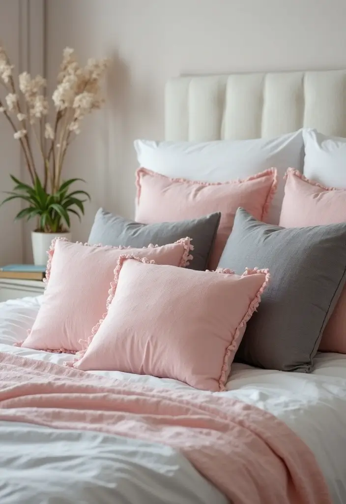 27 Pink Gray and White Bedroom Ideas with Decorative Pillows 26 27 Pink Gray and White Bedroom Ideas with Decorative Pillows - 26. Cozy Layers with Down-filled Pillows