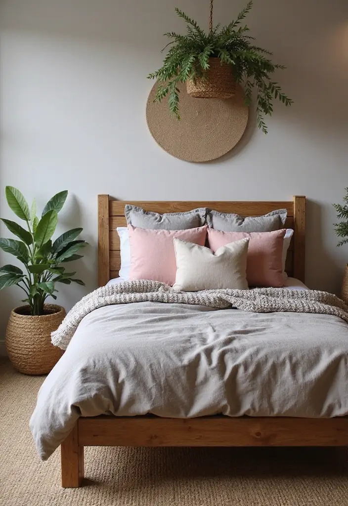 27 Pink Gray and White Bedroom Ideas with Decorative Pillows 3 27 Pink Gray and White Bedroom Ideas with Decorative Pillows - 3. Rustic Charm with Earthy Accents