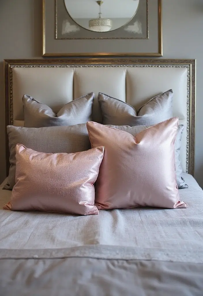 27 Pink Gray and White Bedroom Ideas with Decorative Pillows 4 27 Pink Gray and White Bedroom Ideas with Decorative Pillows - 4. Glamorous Touch with Metallic Accents