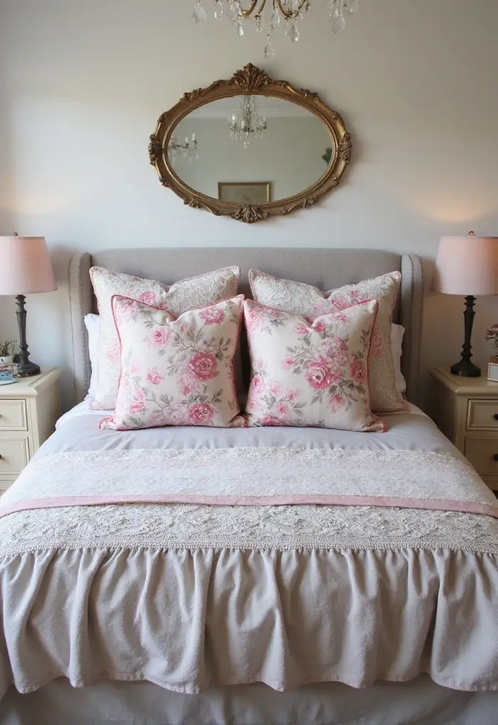27 Pink Gray and White Bedroom Ideas with Decorative Pillows 5 27 Pink Gray and White Bedroom Ideas with Decorative Pillows - 5. Vintage Vibes with Floral Prints