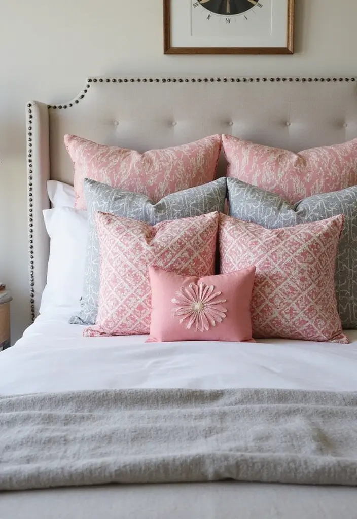 27 Pink Gray and White Bedroom Ideas with Decorative Pillows 6 27 Pink Gray and White Bedroom Ideas with Decorative Pillows - 6. Eclectic Mix with Patterned Pillows