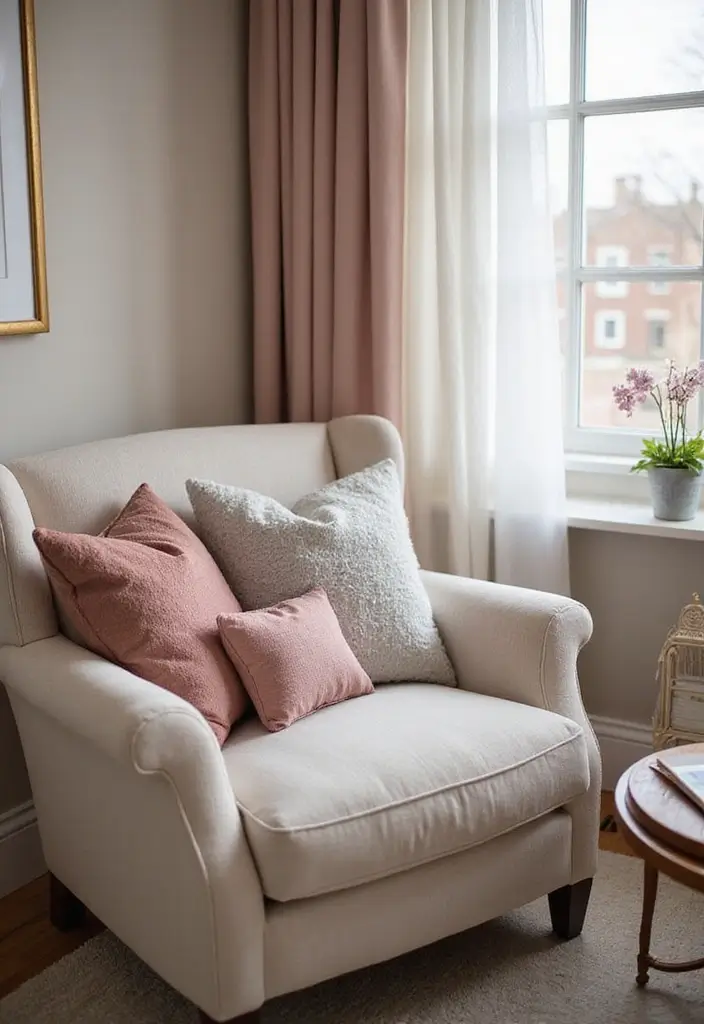 27 Pink Gray and White Bedroom Ideas with Decorative Pillows 7 27 Pink Gray and White Bedroom Ideas with Decorative Pillows - 7. Cozy Corner with Reading Nook