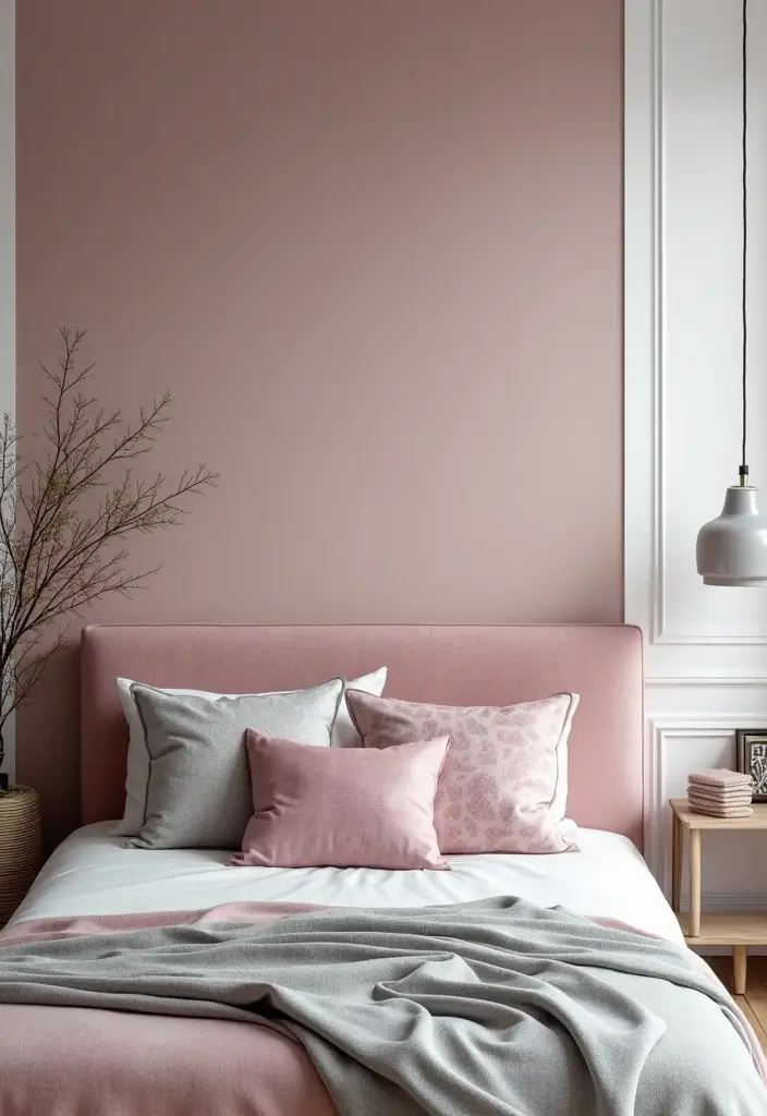 27 Pink Gray and White Bedroom Ideas with Decorative Pillows 8 27 Pink Gray and White Bedroom Ideas with Decorative Pillows - 8. Modern Artistry with Abstract Patterns