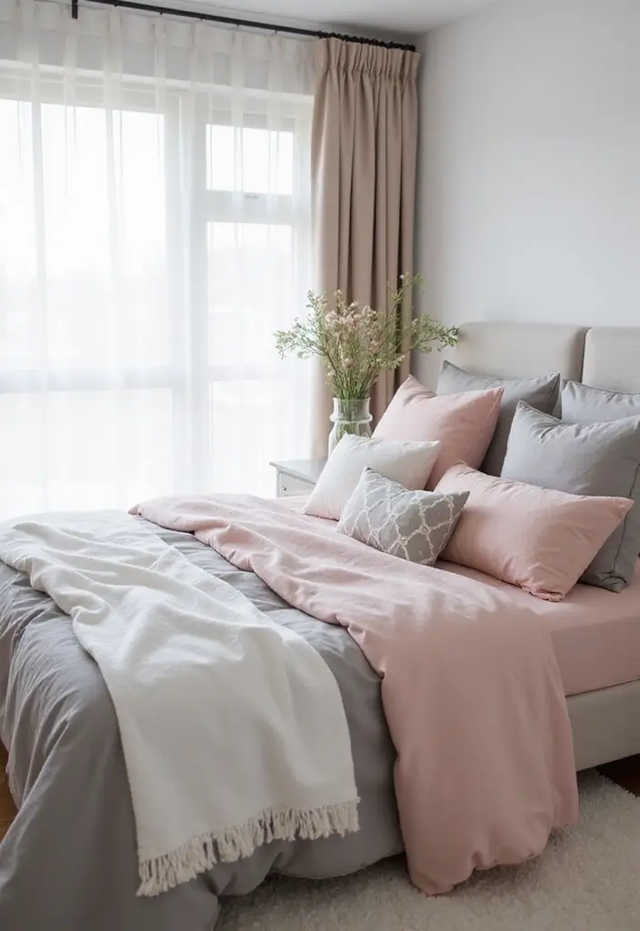 27 Pink Gray and White Bedroom Ideas with Decorative Pillows 9 27 Pink Gray and White Bedroom Ideas with Decorative Pillows - 9. Soft and Dreamy with Layered Linens