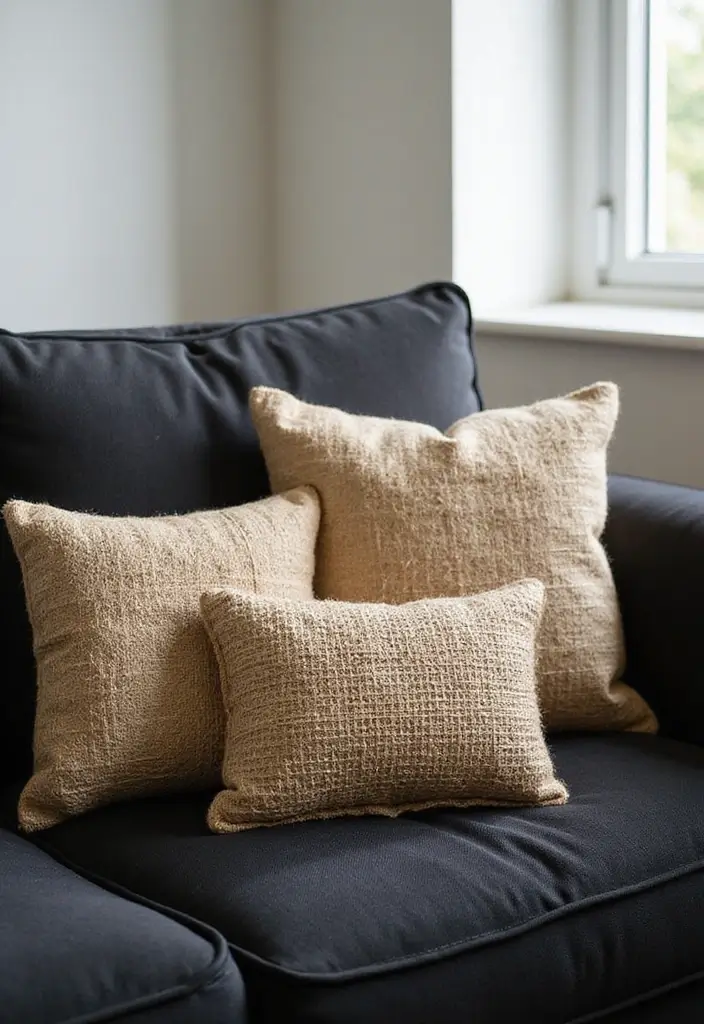 27 Throw Pillows for a Black Couch That Add Texture and Style 10 27 Throw Pillows for a Black Couch That Add Texture and Style - 10. Earthy Textures