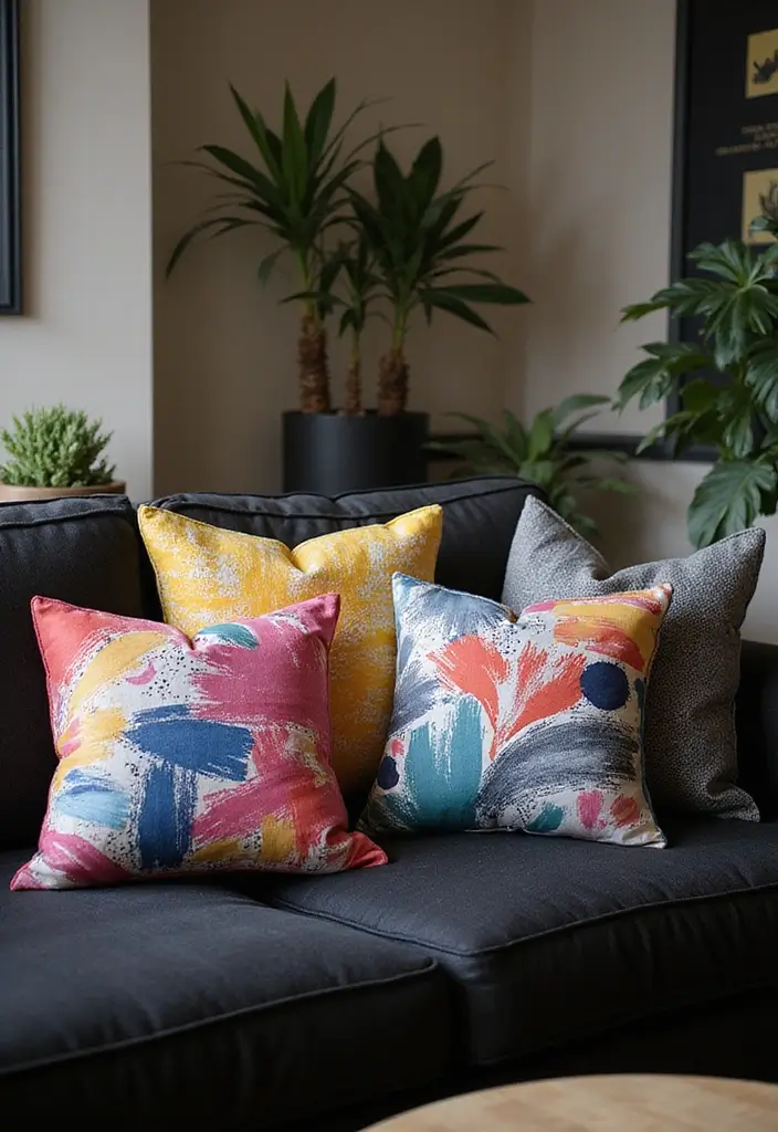 27 Throw Pillows for a Black Couch That Add Texture and Style 11 27 Throw Pillows for a Black Couch That Add Texture and Style - 11. Artistic Abstract Designs