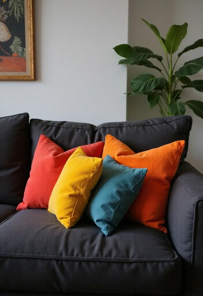 27 Throw Pillows for a Black Couch That Add Texture and Style 14 27 Throw Pillows for a Black Couch That Add Texture and Style - 14. Bright Color Pops