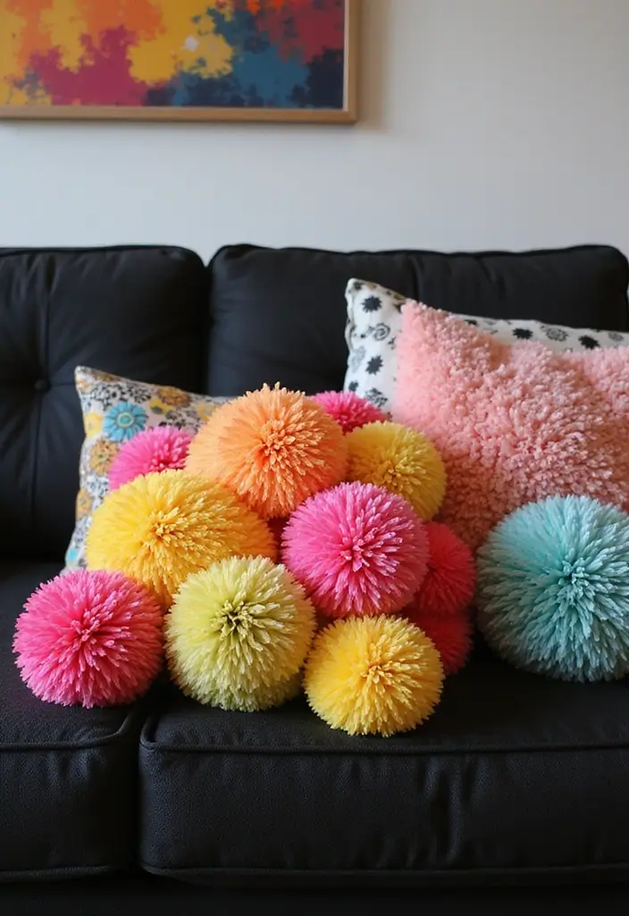 27 Throw Pillows for a Black Couch That Add Texture and Style 16 27 Throw Pillows for a Black Couch That Add Texture and Style - 16. Playful Pom Poms