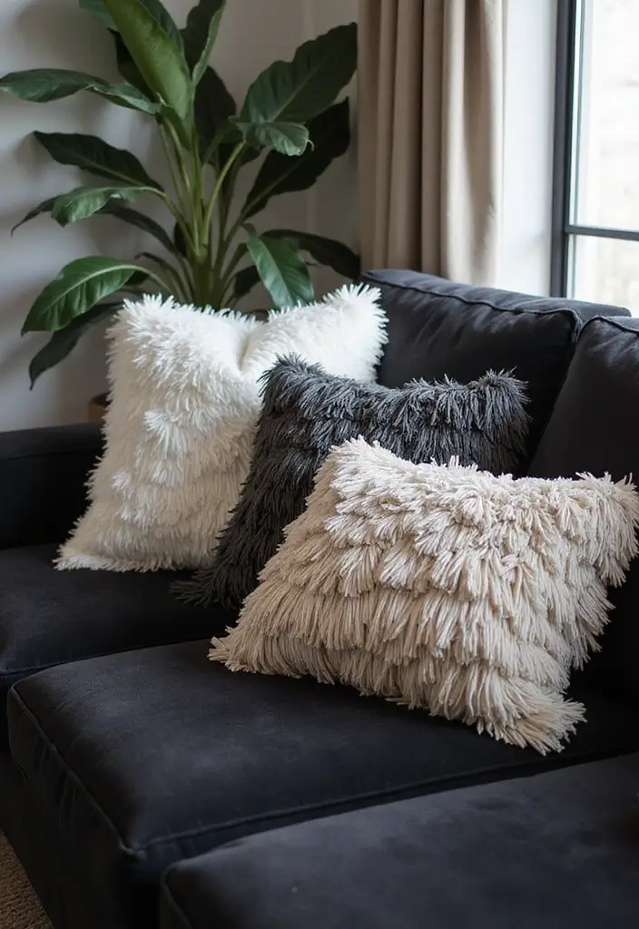 27 Throw Pillows for a Black Couch That Add Texture and Style 17 27 Throw Pillows for a Black Couch That Add Texture and Style - 17. Modern Fringe