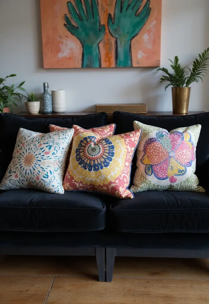 27 Throw Pillows for a Black Couch That Add Texture and Style 19 27 Throw Pillows for a Black Couch That Add Texture and Style - 19. Artistic Hand-Painted Designs