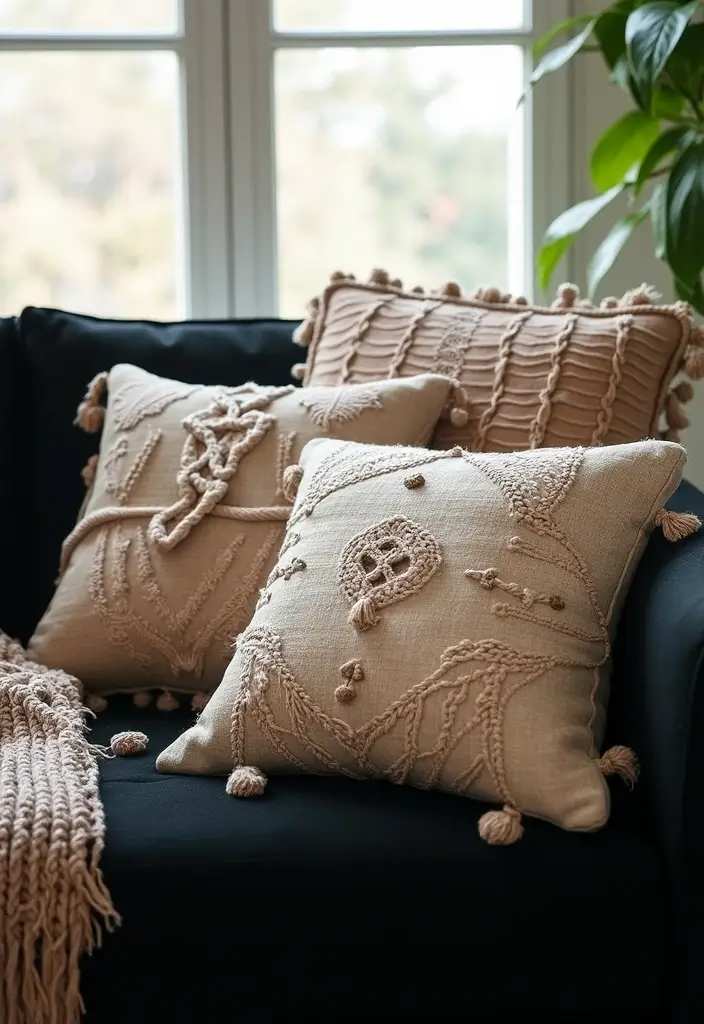 27 Throw Pillows for a Black Couch That Add Texture and Style 2 27 Throw Pillows for a Black Couch That Add Texture and Style - 2. Handmade Macrame Pillows