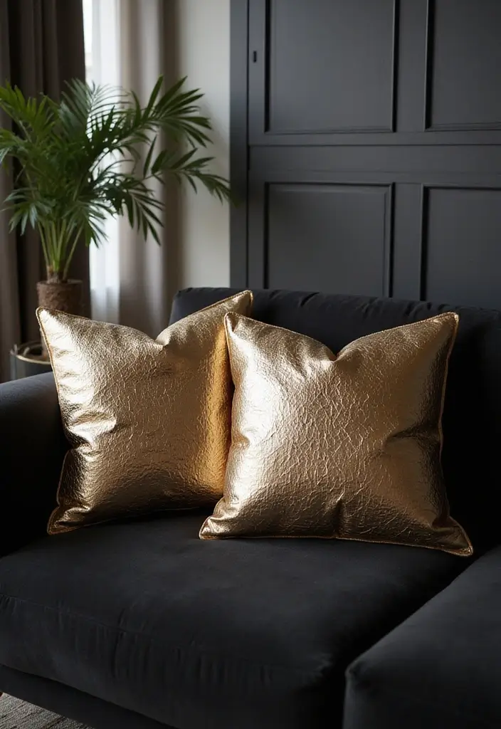 27 Throw Pillows for a Black Couch That Add Texture and Style 20 27 Throw Pillows for a Black Couch That Add Texture and Style - 20. Textured Metallics