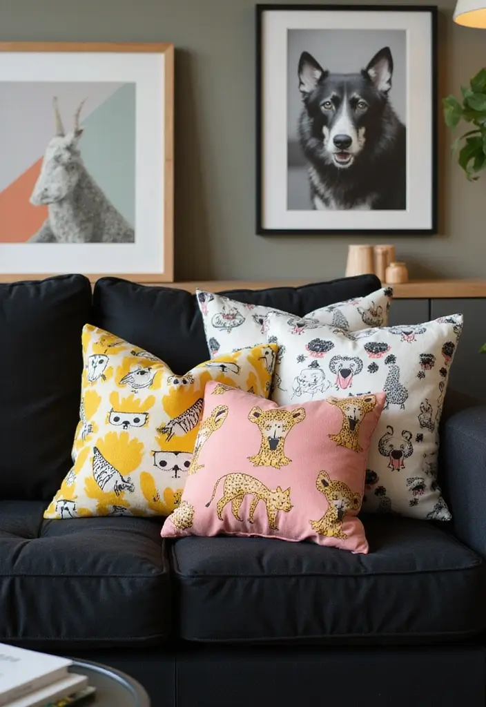 27 Throw Pillows for a Black Couch That Add Texture and Style 23 27 Throw Pillows for a Black Couch That Add Texture and Style - 23. Whimsical Animal Prints