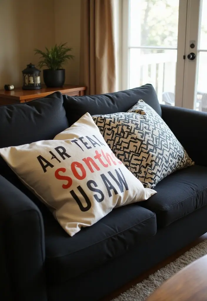 27 Throw Pillows for a Black Couch That Add Texture and Style 27 27 Throw Pillows for a Black Couch That Add Texture and Style - 27. Personalized Touches